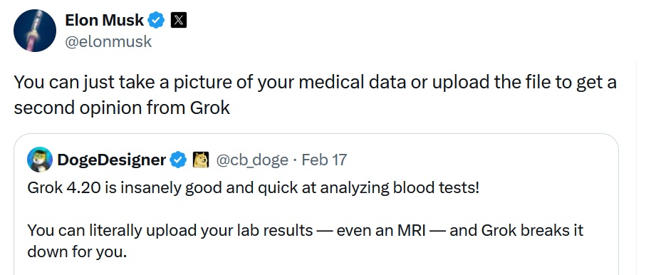 Elon Musk
You can just take a picture of your medical data or upload the file to get a second opinion from Grok

DogeDesigner
Grok 4.20 is insanely good and quick at analyzing blood tests!

You can literally upload your lab results — even an MRI — and Grok breaks it down for you.
