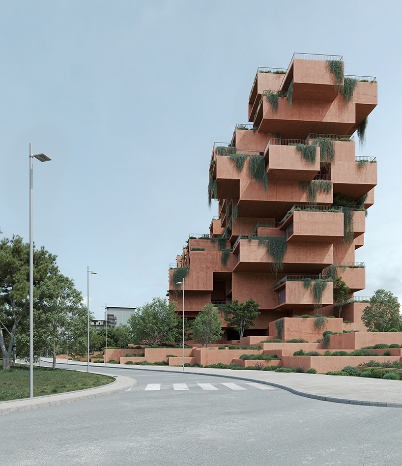 stacked earthen red volumes shape rhythmic residential tower in athens
