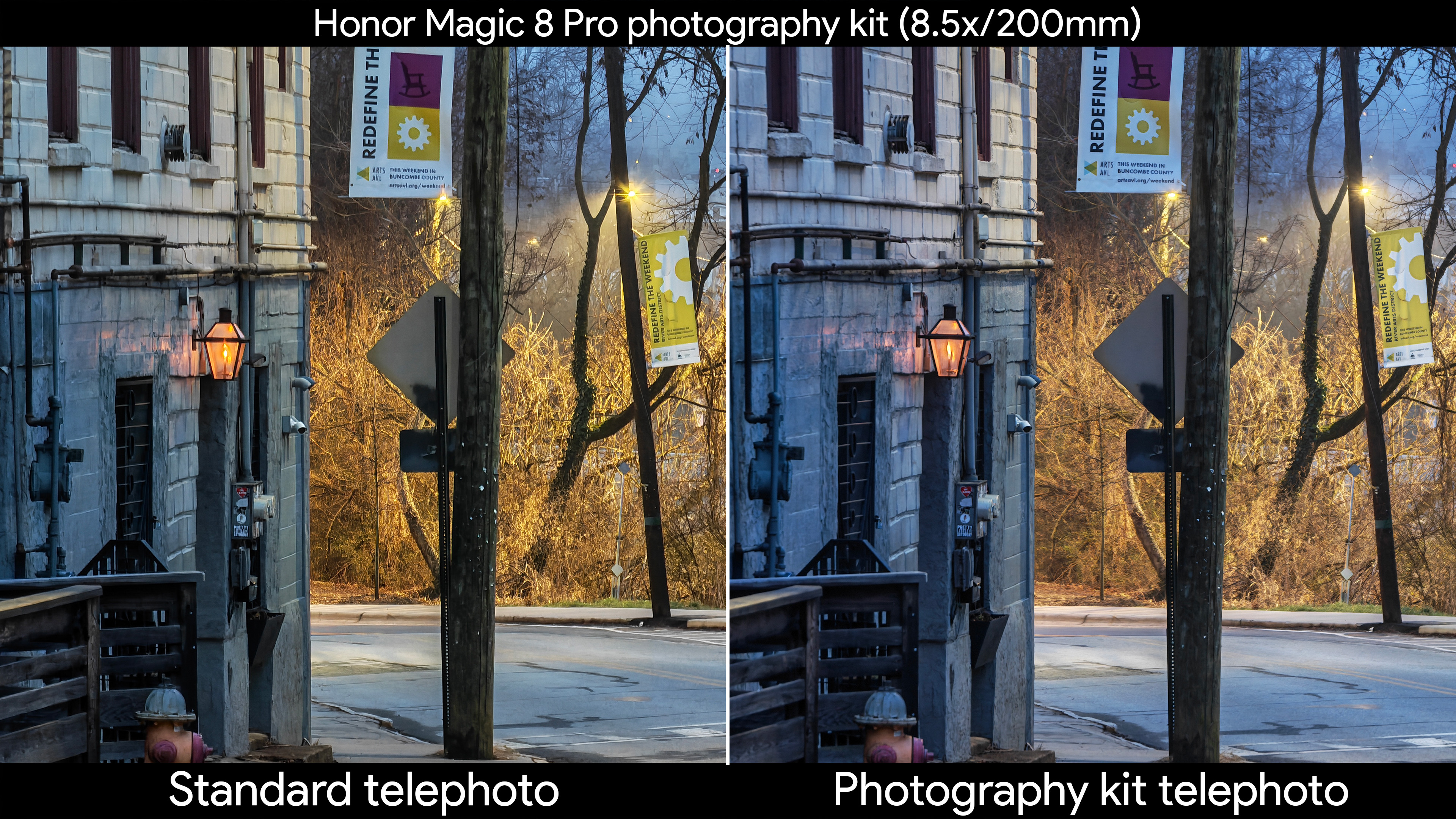 Low light shots comparing the Honor Magic 8 Pro's built-in telephoto lens with the official photography kit's telephoto extender