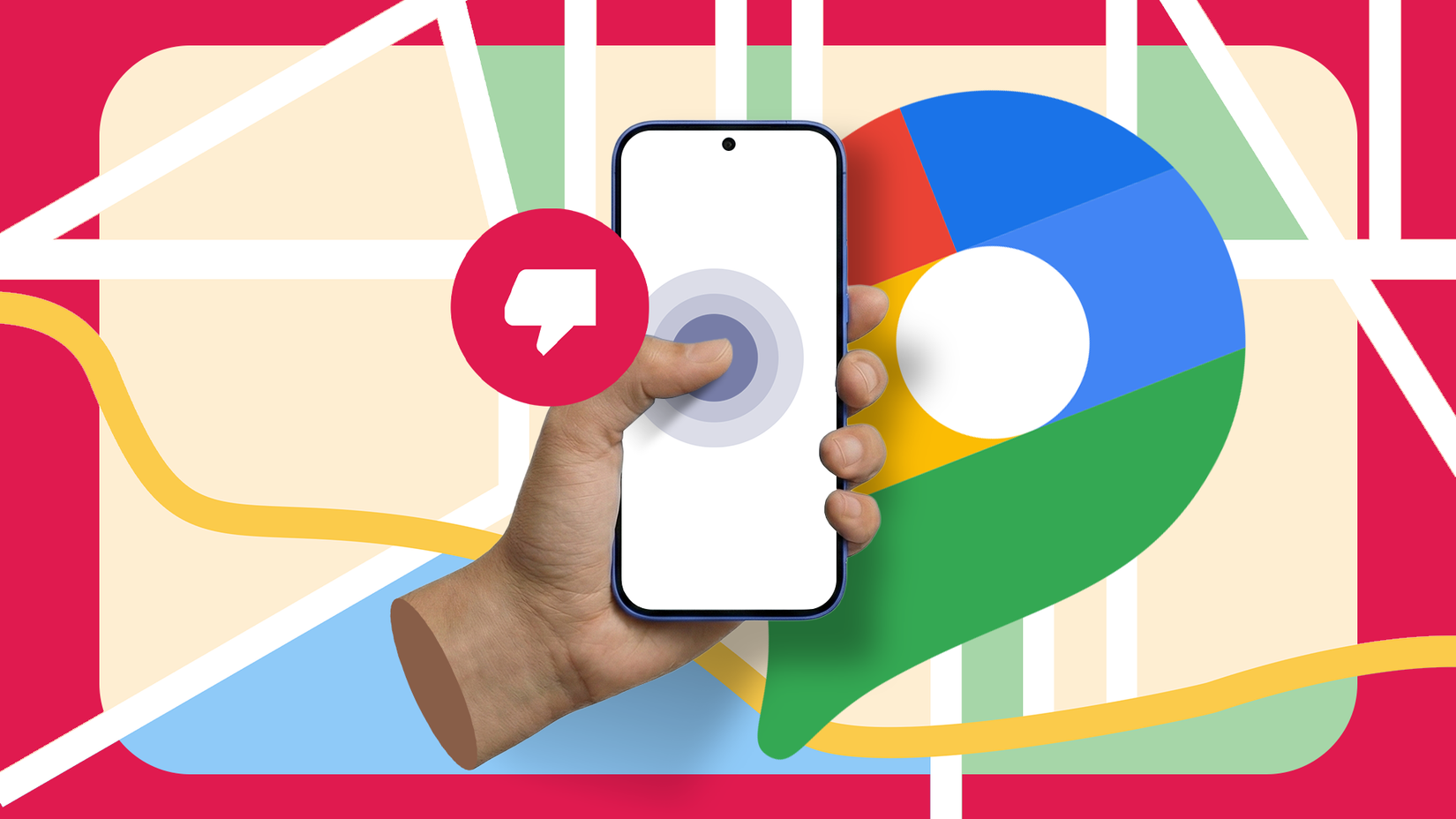 Hand holding a smartphone with a touch gesture indicator and a thumbs-down icon, set against a Google Maps logo background.