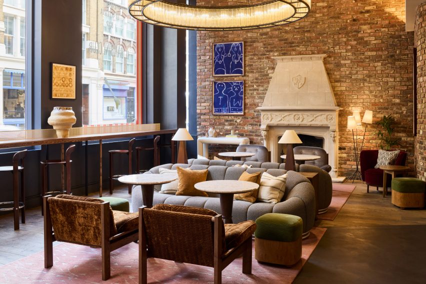 Lounge of The Hoxton with brick walls