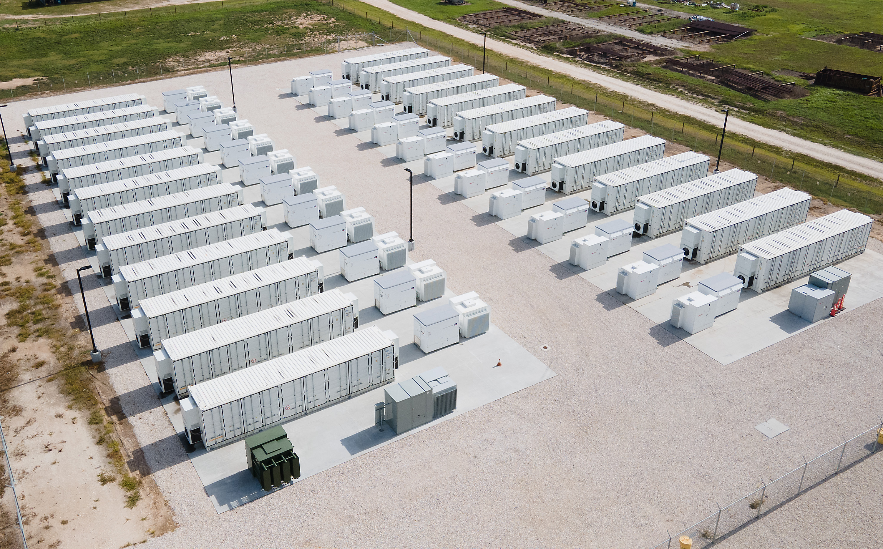 A drone image of a battery installation owned by Key Capture Energy photographed on Thursday, July 27, 2023 in West Columbia.