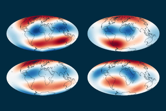 Two enormous blobs of solid, superheated material located at the base of Earth’s mantle affect the underlying liquid outer core. Image credit: Biggin et al., doi: 10.1038/s41561-025-01910-1.