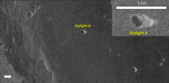 Magellan radar image of Venus displaying several pit chains and the identified skylight, marked as A, potentially providing access to the subsurface (i.e., empty void); the white arrow indicates the radar illumination direction. Image credit: NASA / Carrer et al., doi: 10.1038/s41467-026-68643-6.