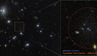 CDG-2 (dashed red circle) is dominated by dark matter and contains only a sparse scattering of stars. Image credit: NASA / ESA / Dayi Li, UToronto / Joseph DePasquale, STScI.