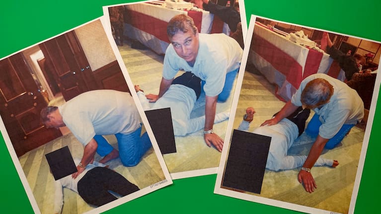 Images from an undated and redacted document show Andrew Mountbatten-Windsor leaning over an unidentified person