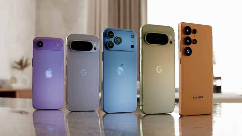 Different iPhone and Android smartphones on a table.