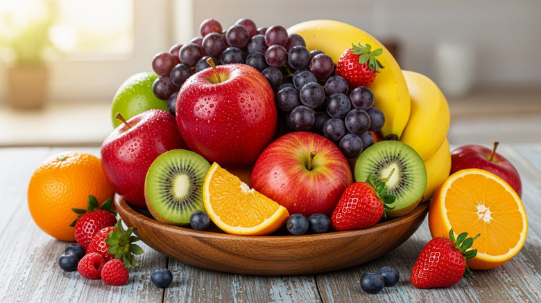 An overflowing bowl of fruit on a table