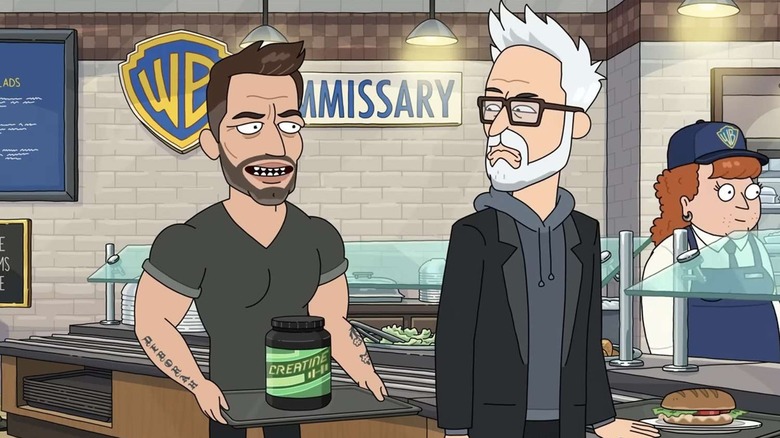 Zack Snyder enthusiastically talking to James Gunn at the Warner Bros commissary in Rock and Morty