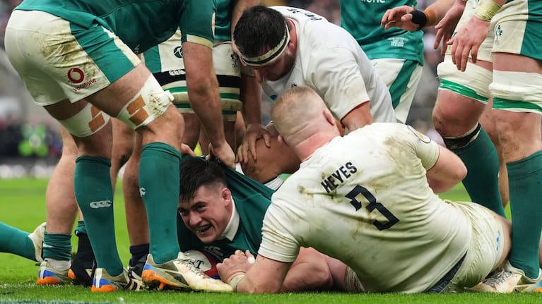 Ireland's Dan Sheehan celebrates a try at Twickenham.