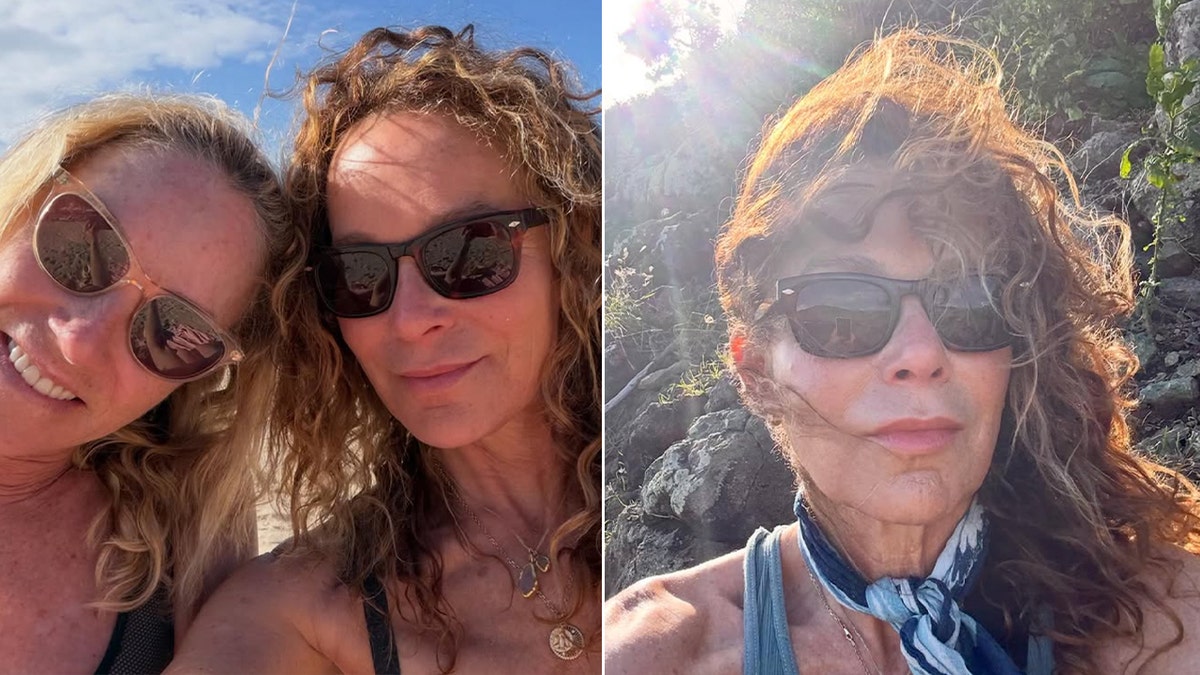 Side-by-side images show Jennifer Grey taking a solo beach selfie and posing with longtime friend Tracy Pollan during a girls getaway.