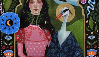 a folk-art inspired portrait by Aunia Kahn, depicting a woman with a floating head and a swan standing next to each other. floral and avian motifs pattern around the middle and out toward the borders of the piece.