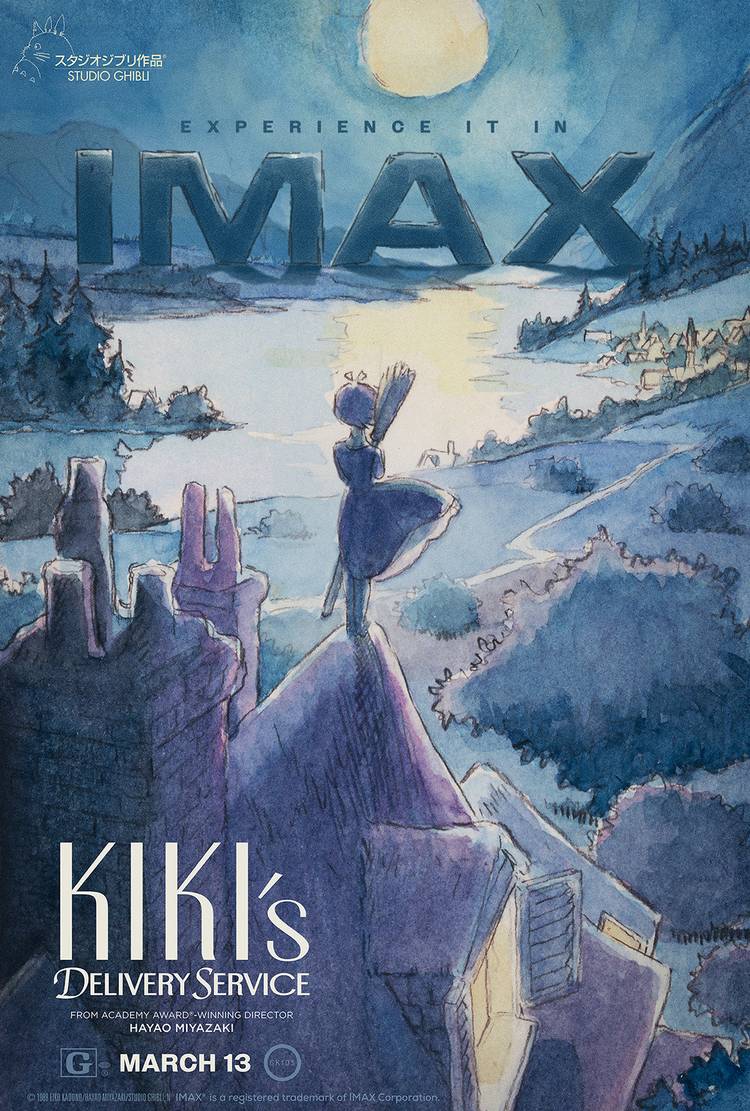 Kiki, a young witch, stands on a rooftop overlooking a moonlight river in a special poster for Kiki's Delivery Service in IMAX 2026 poster