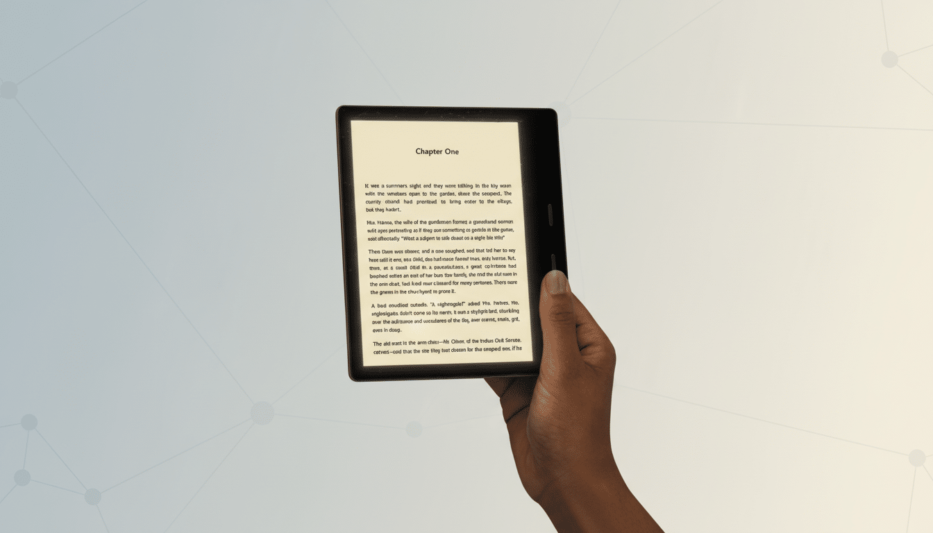 A hand holding an e-reader with a glowing screen, displaying Chapter One of a book, set against a professional flat design background with soft patterns.