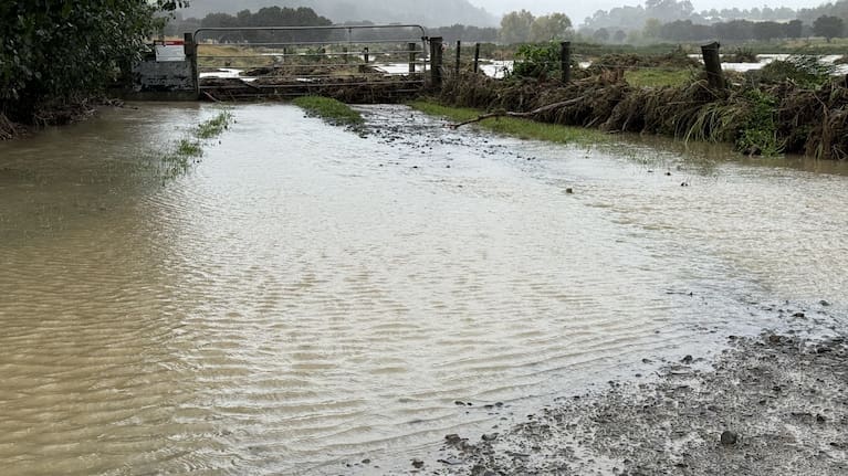 Lake Ferry in South Wairarapa has been hit hard by flooding with rainwater cascading across the main road and into paddocks. (Source: LDR / Sue Teodoro)