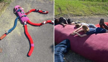 split image of largest sock monkey sculpture from above and close up