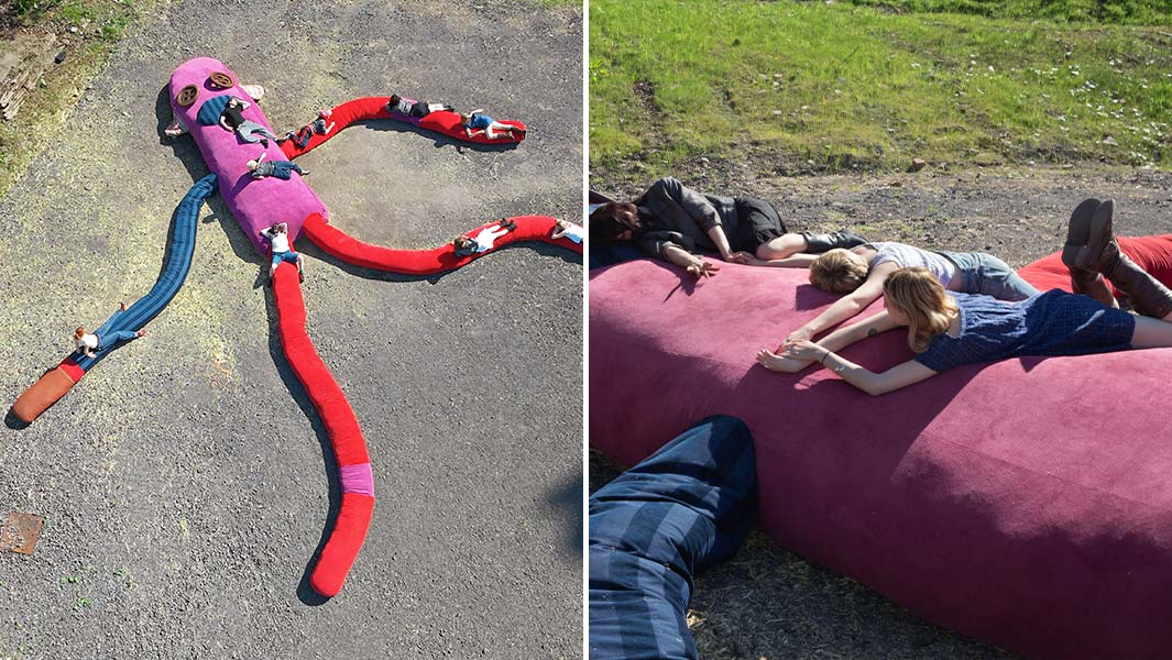 split image of largest sock monkey sculpture from above and close up