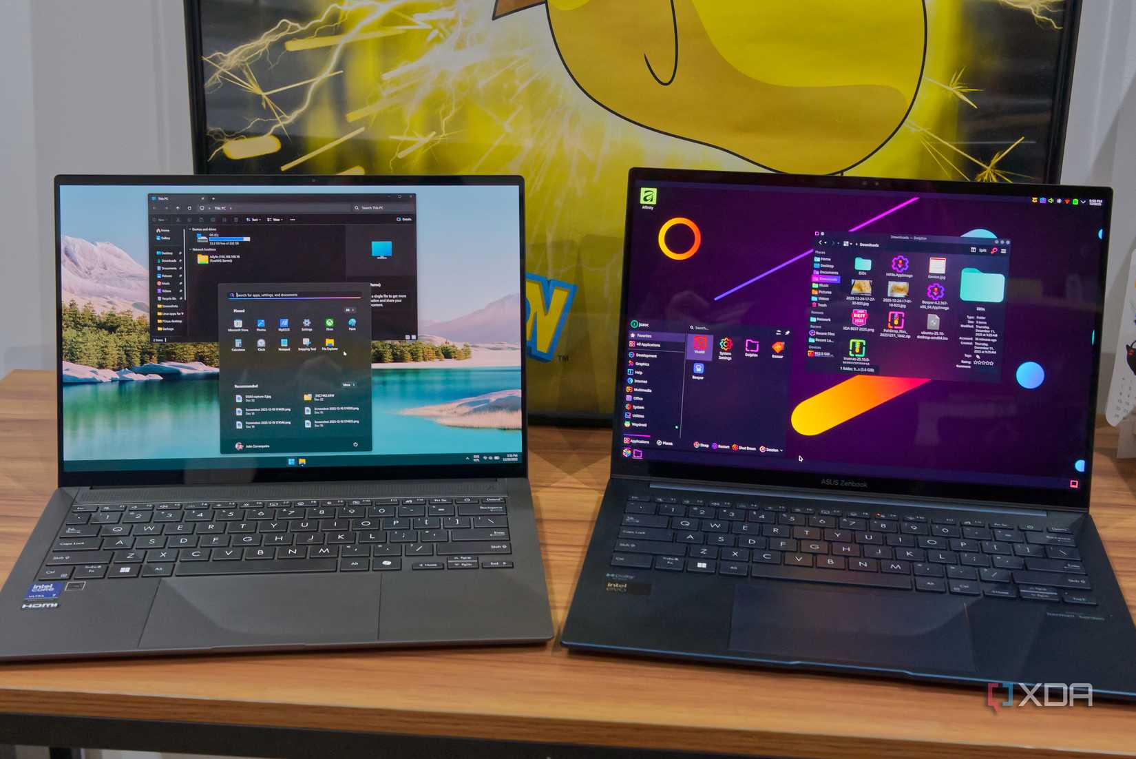 Linux and Windows laptops next to each other shwoing the desktop and respectiove file managers