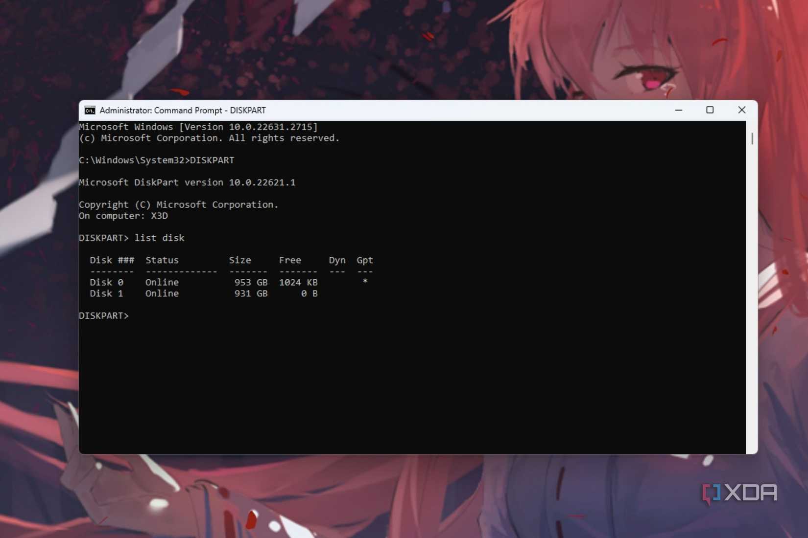 A screenshot showing the list disk option in diskpart.