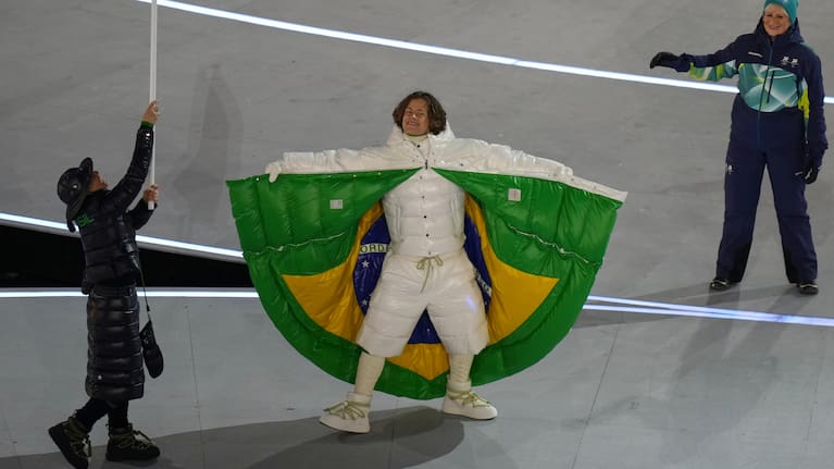 Lucas Pinheiro Braathen attends the Olympic opening ceremony at the 2026 Winter Olympics, in Milan, Italy