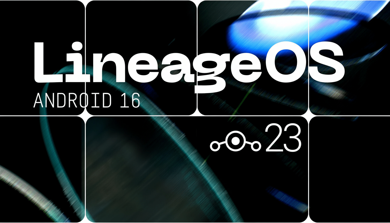 The LineageOS logo with ANDROID 16 and 23 on a dark background with abstract light streaks, resized to a 16:9 aspect ratio.