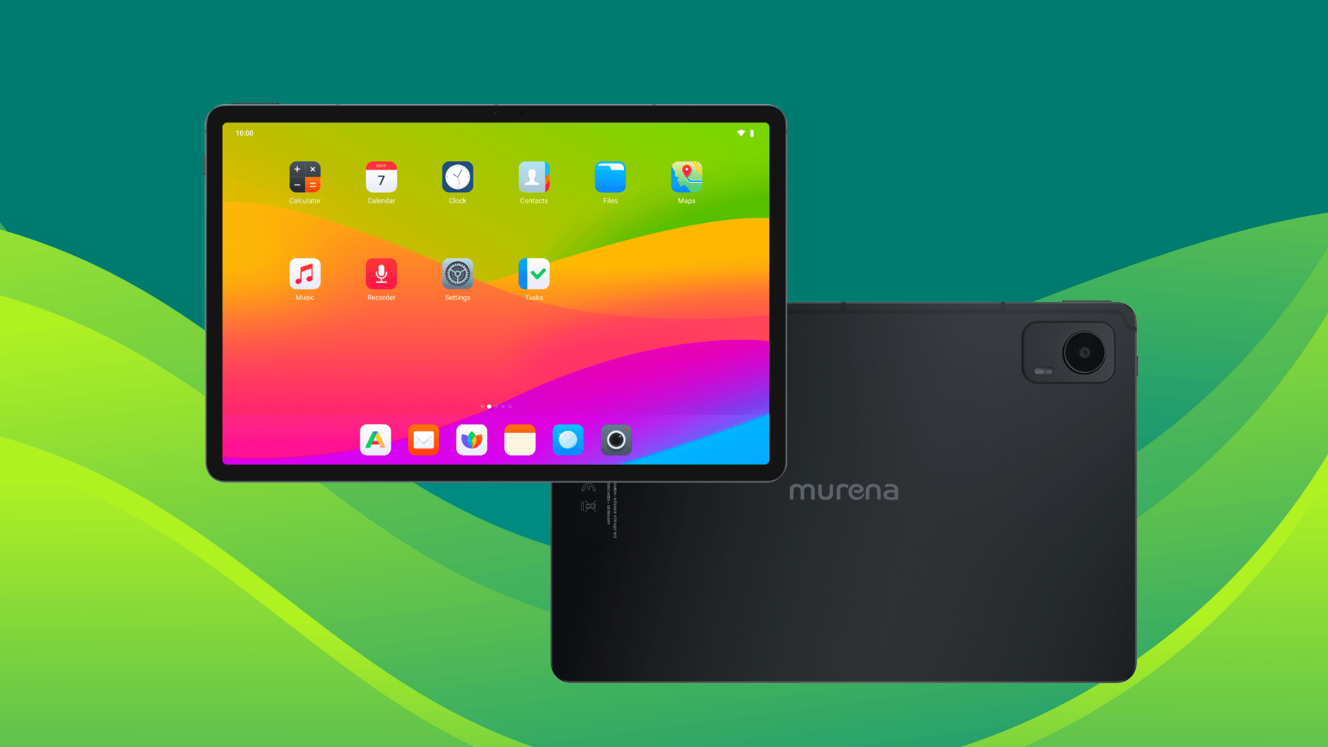 this image with a mixed green background shows the front and back views of the murena volla tablet