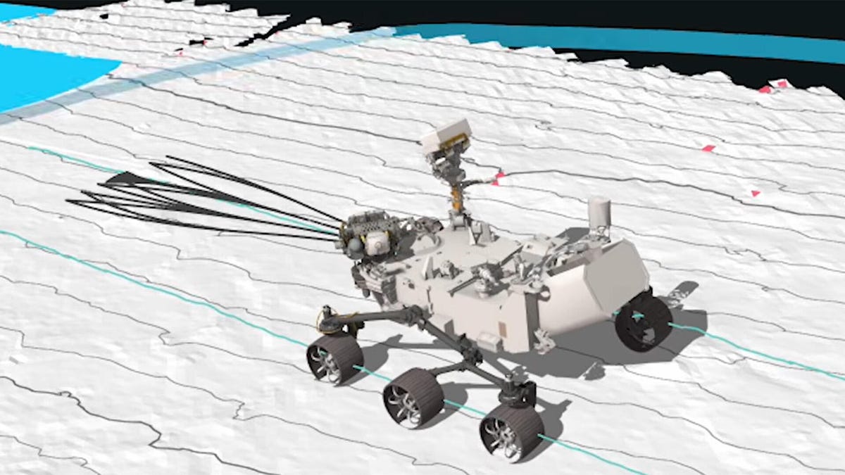 A simulation graphic of the NASA Perseverance rover plotting its course on Mars