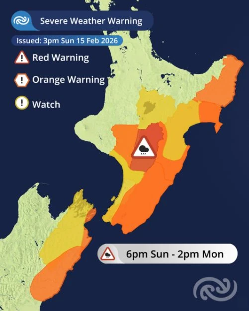 new zealand red warnings feb 15-16 2026