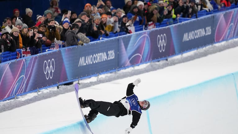 New Zealand's Campbell Melville Ives competes during the men's snowboarding halfpipe finals at the 2026 Winter Olympics, in Livigno, Italy.