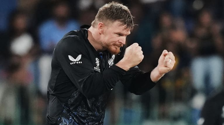 New Zealand's Glenn Phillips celebrates the wicket of Sri Lanka's Dunith Wellalage during the T20 World Cup cricket match between Sri Lanka and New Zealand.