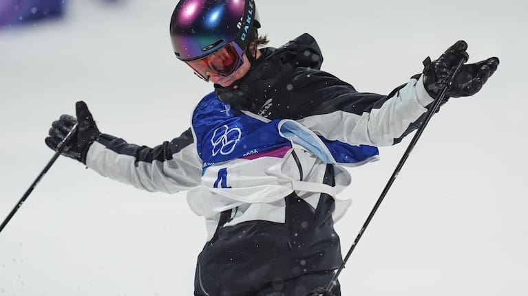 New Zealand's Luca Harrington reacts during the men's freestyle skiing big air finals at the 2026 Winter Olympics.
