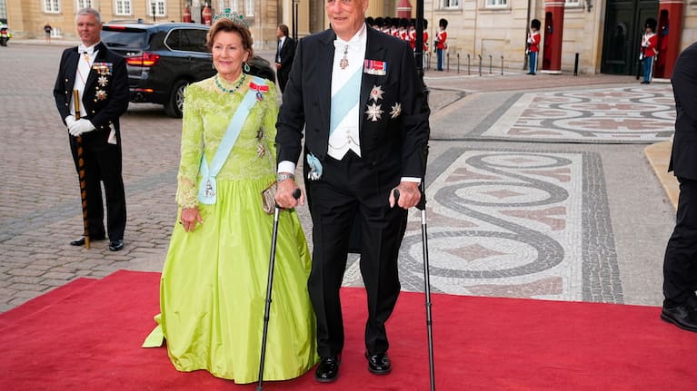 Norway's King Harald and Queen Sonja arrive to the dinner at Amalienborg Castle in Copenhagen, Thursday June 15, 2023.