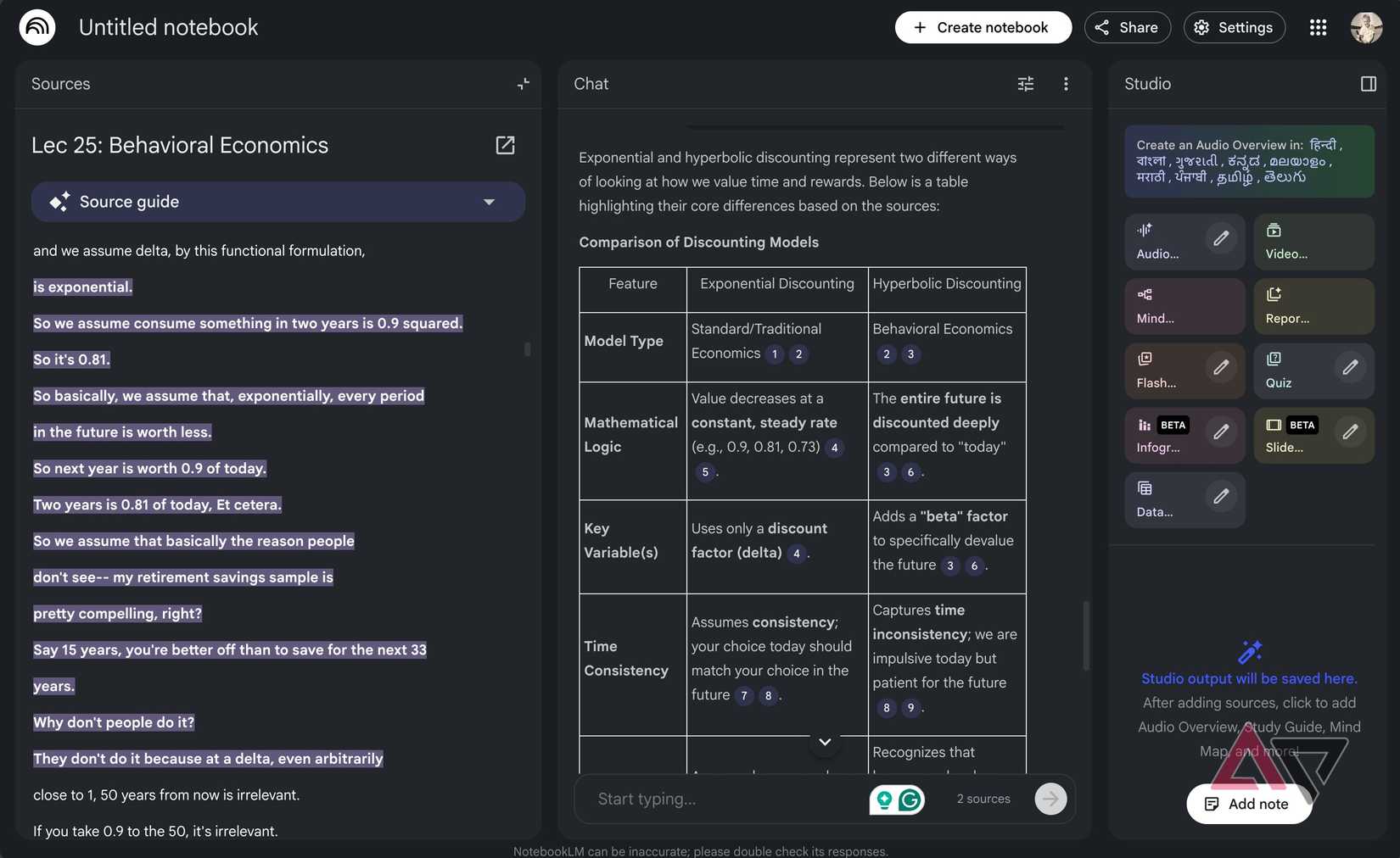 Screenshot showing responses given by NotebookLM