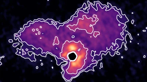 A purple heart-like shape in space outlined with white lines.