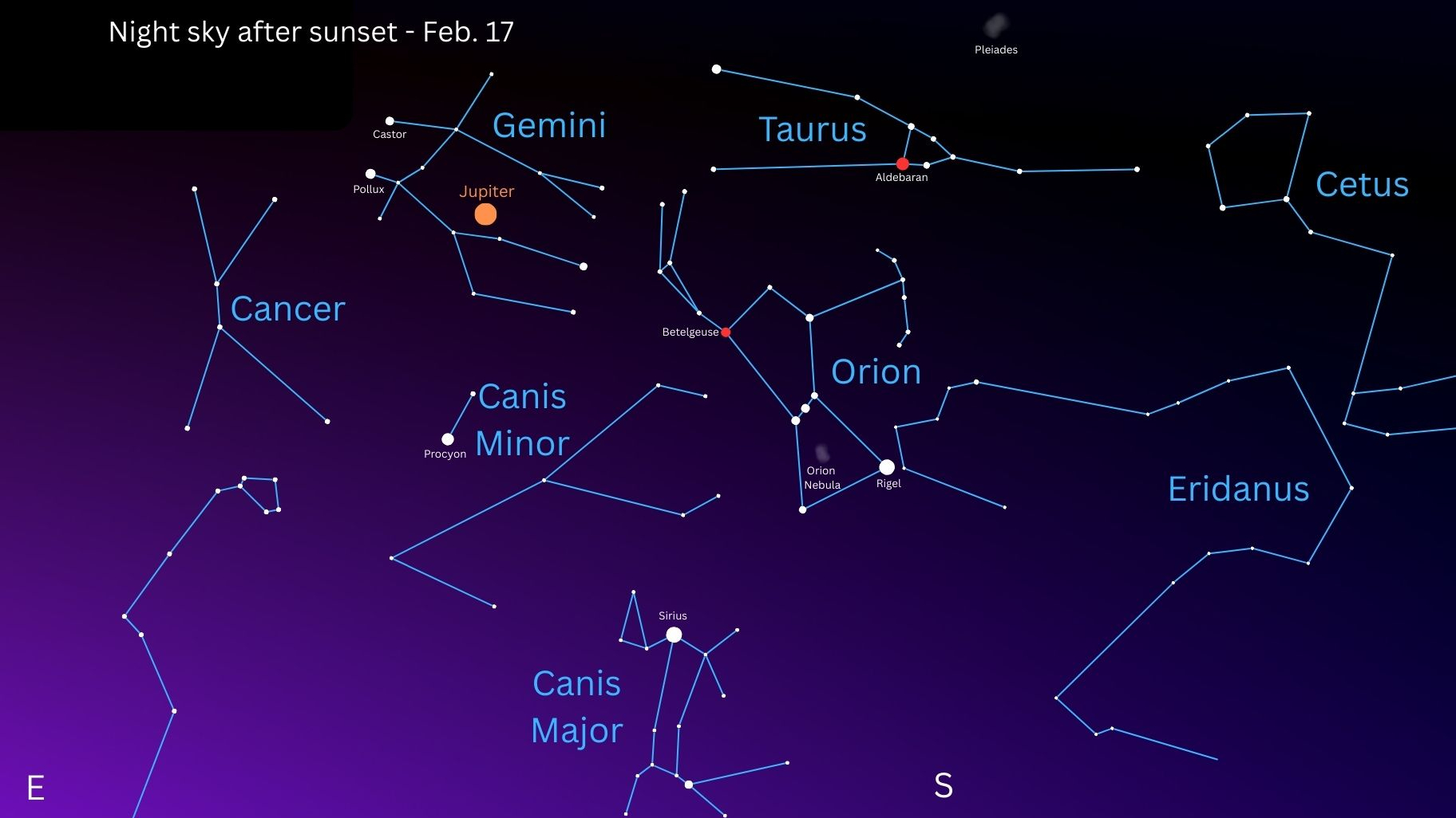 A starmap showing the positions of constellations in the evening sky on Feb. 17