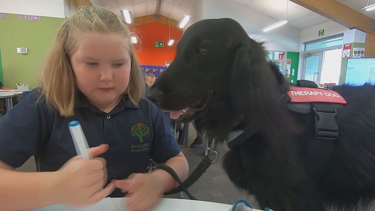 Olivia Anderson with BB the therapy dog.
