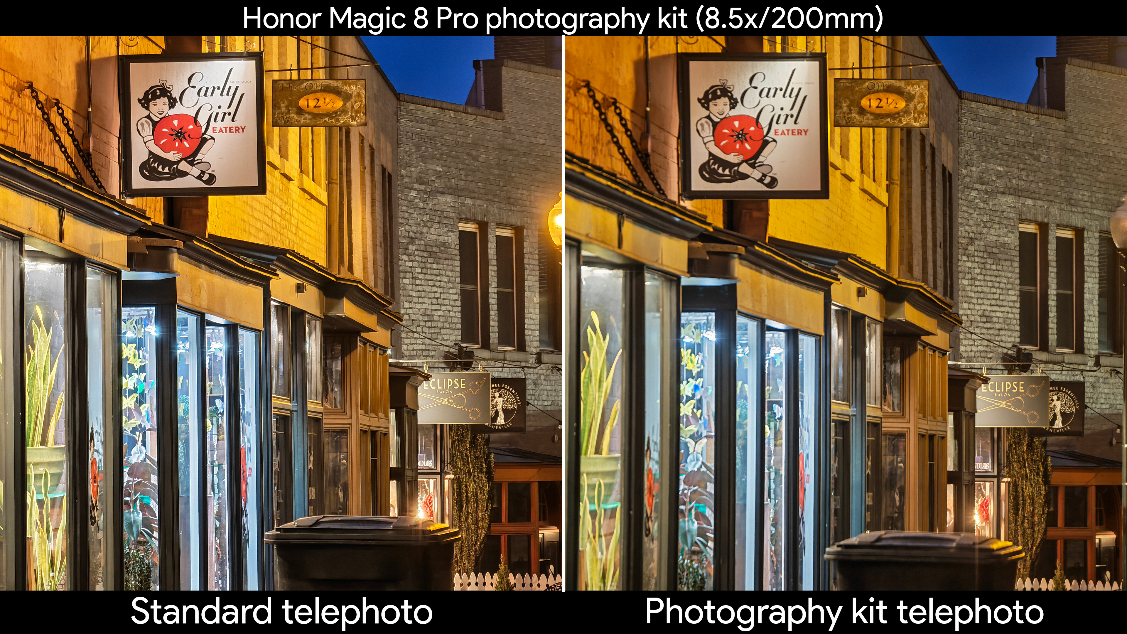 Low light shots comparing the Honor Magic 8 Pro's built-in telephoto lens with the official photography kit's telephoto extender