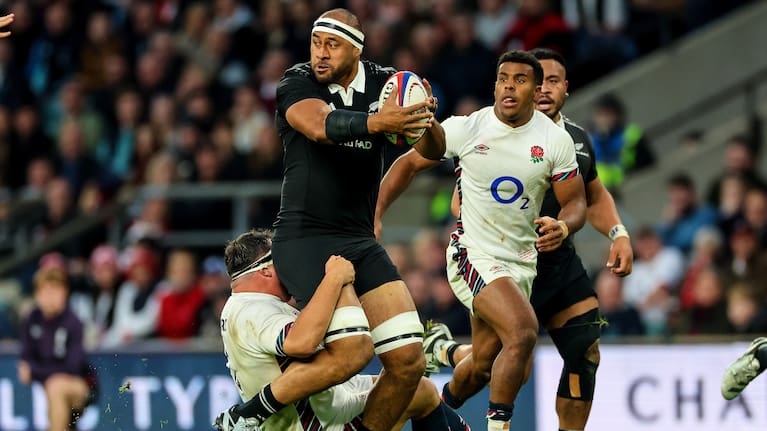 Patrick Tuipulotu looks for support during the All Blacks' win over England at Twickenham in 2024.