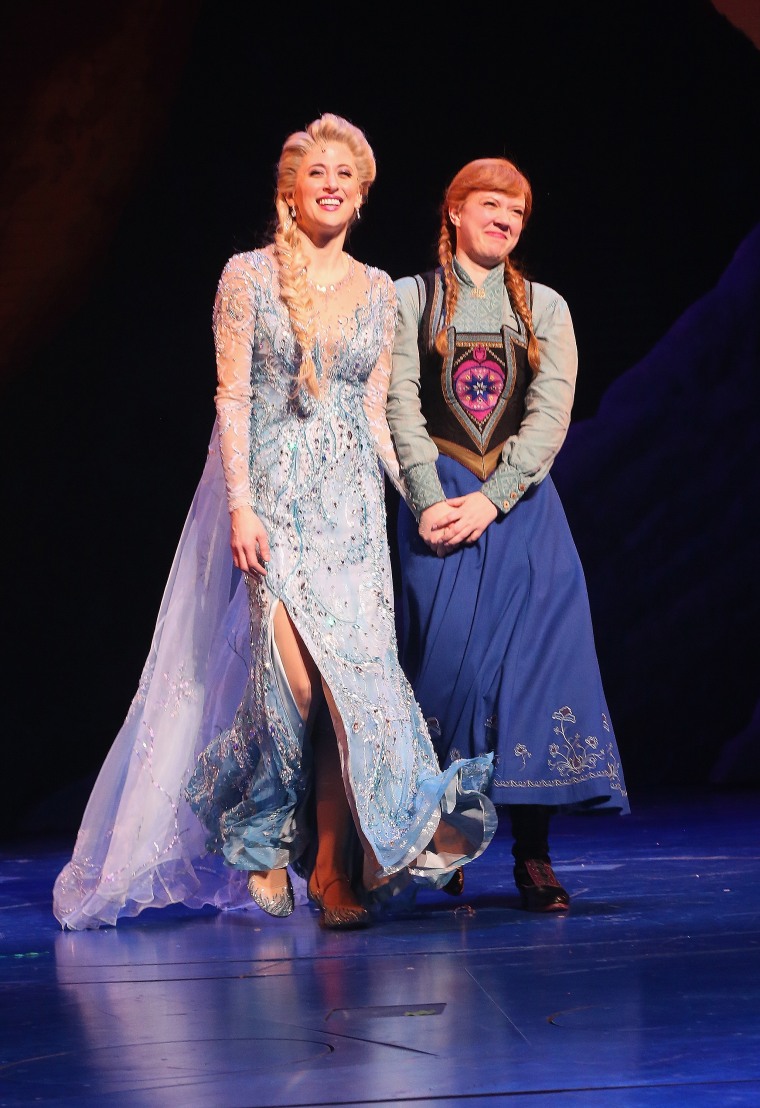 Caissie Levy as "Elsa" and Patti Murin as "Anna" in the Disney musical "Frozen" on Broadway.