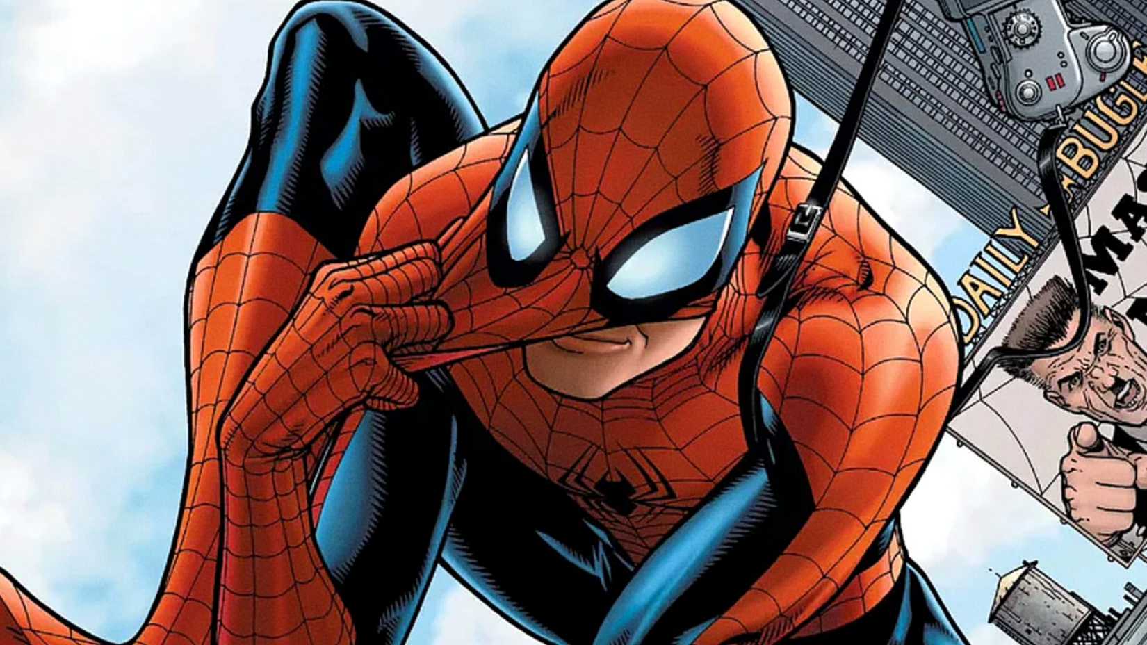 Peter Parker puts on his mask while web-swinging in The Amazing Spider-Man Brand New Day comic cover