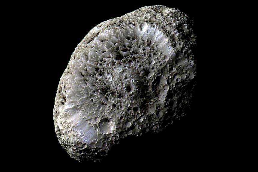 A false-color view of Saturn's moon Hyperion, obtained during Cassini's flyby in September 2005.