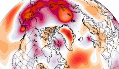 Heat map showing polar vortex anomaly stretching over the Arctic, Alaska, Greenland, and parts of Europe and Asia.