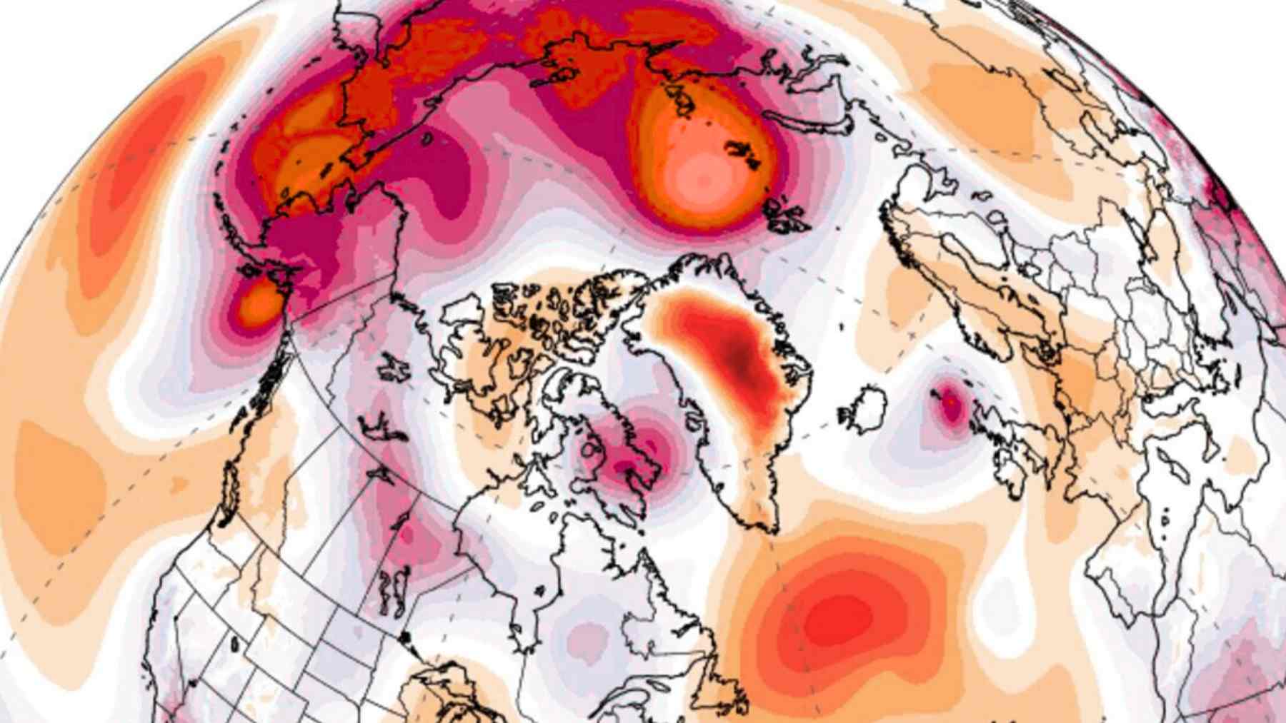 Heat map showing polar vortex anomaly stretching over the Arctic, Alaska, Greenland, and parts of Europe and Asia.