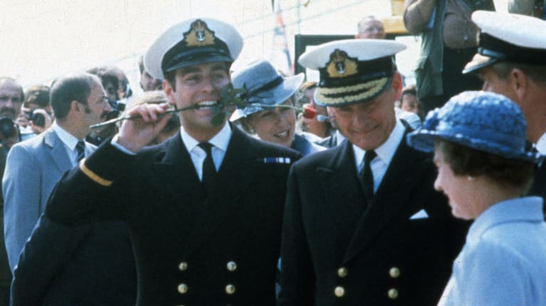 The Queen greeting the then Prince Andrew on his return from duty in the Falklands War.