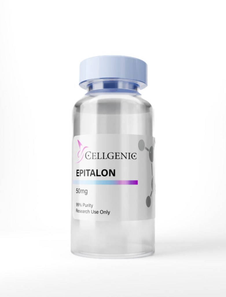 Illustration of a vial of Epitalon 50mg from Cellgenic, marked for research use only.