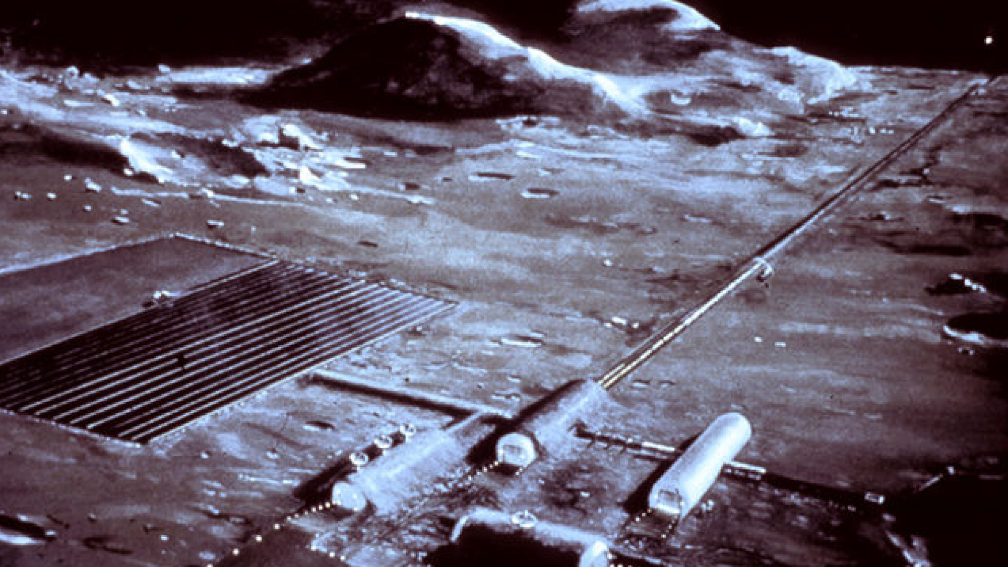 painting of three large cylinders, a solar array and a long, railroad-like structure on the moon