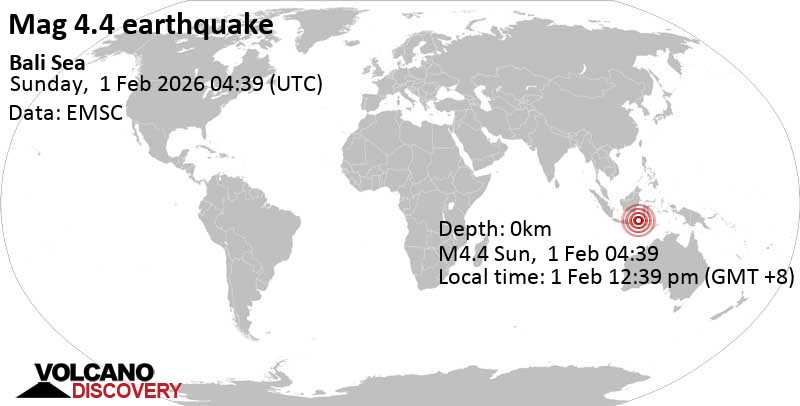4.4 quake Java Sea, Provinsi Sulawesi Selatan, 127 km north of Pulau Medang Island, Indonesia, Feb 1, 2026 12:39 pm (GMT +8)