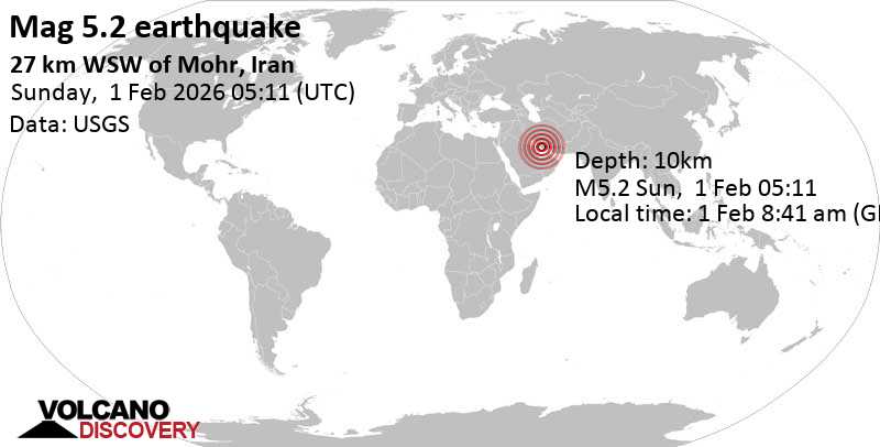 5.2 quake Bushehr, 27 km southwest of Mohr, Fars, Iran, Feb 1, 2026 08:41 am (Tehran time)