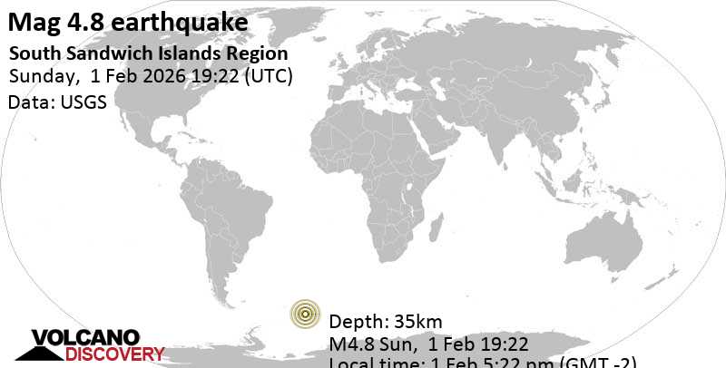4.8 quake South Atlantic Ocean, 120 km northeast of Montagu Island, South Georgia and the South Sandwich Islands, Feb 1, 2026 05:22 pm (GMT -2)