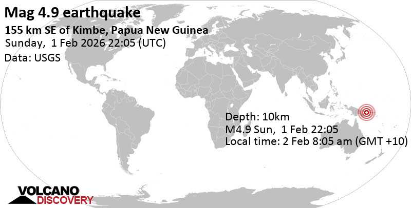 4.9 quake Solomon Sea, 156 km southeast of Kimbe, Papua New Guinea, Feb 2, 2026 08:05 am (GMT +10)